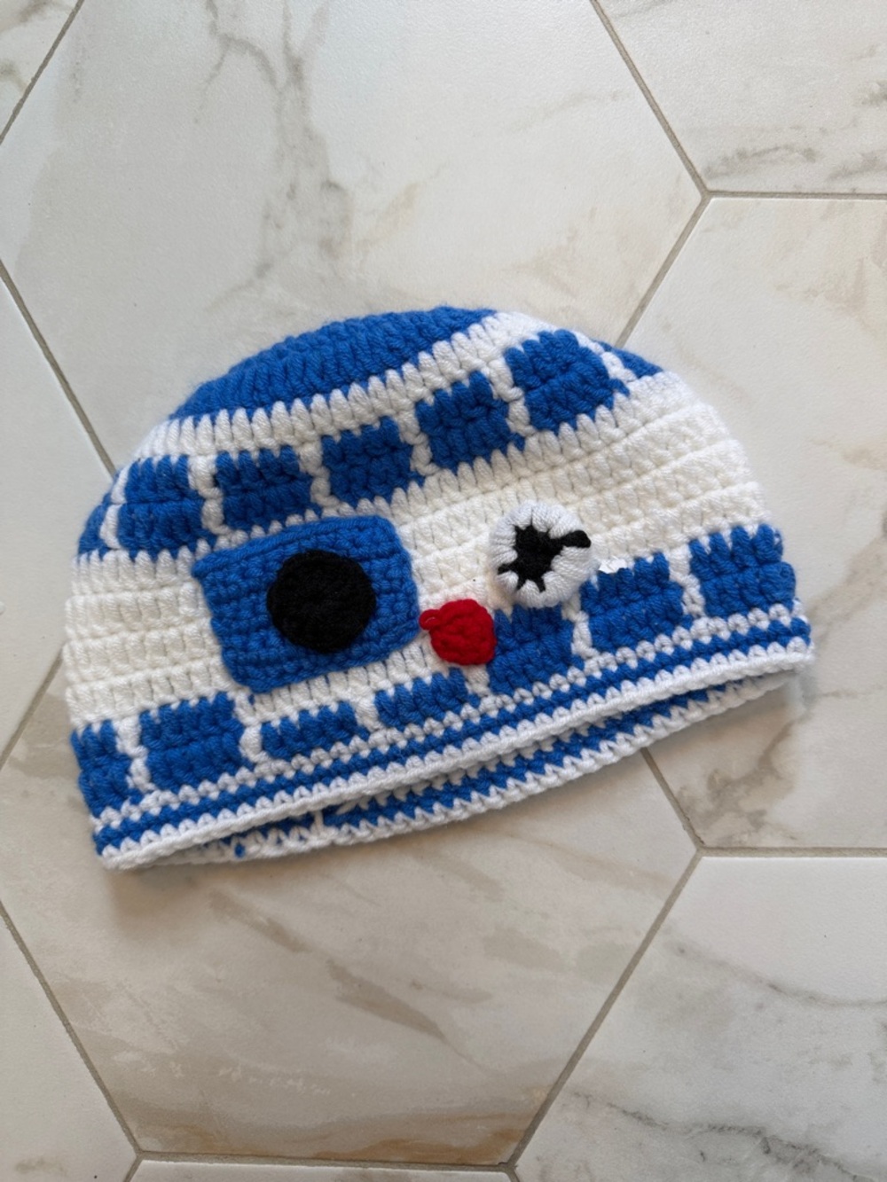 Handmade Crochet Robot‎ Beanie in Blue and White 1-2Yrs